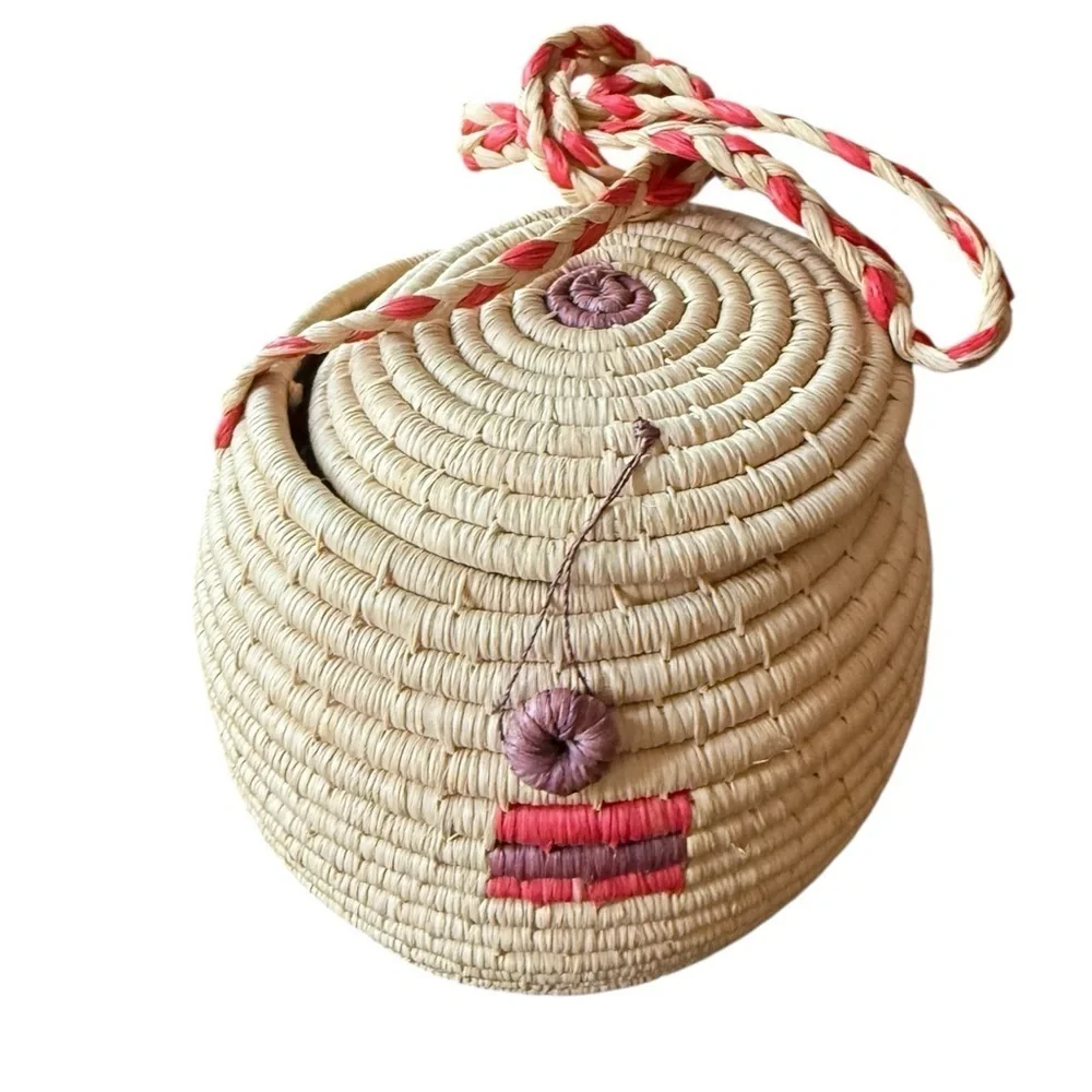Baskets Round Pair Woven Lid Long Straps & added 3 more! (5 total)